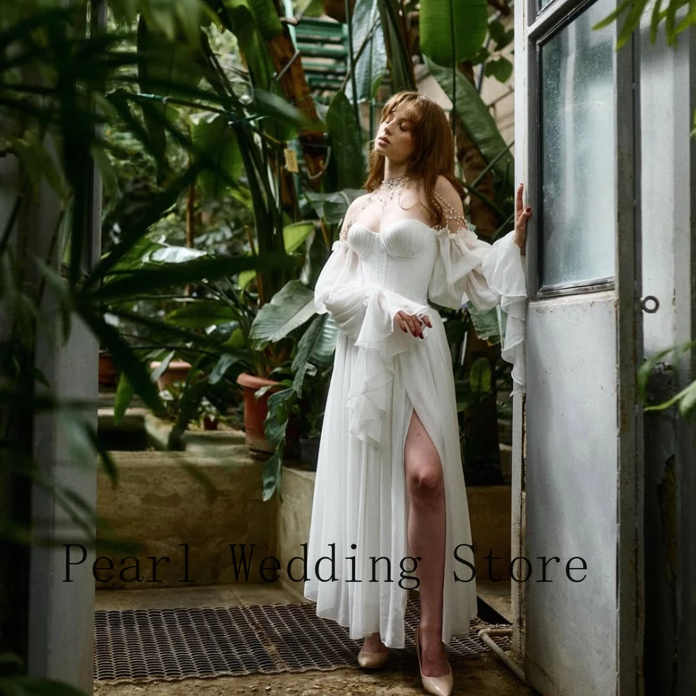2026 New White Strapless Evening Gown Sheer Flare Sleeve High Slit Formal Dress Robe De Soiree Vestido De Fiesta Prom