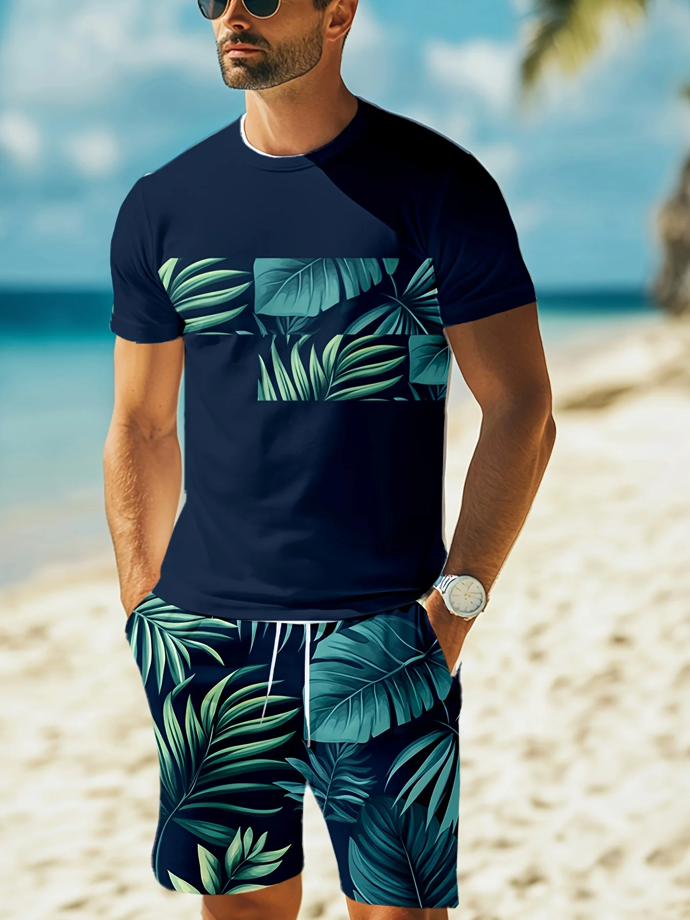 

Summer 2025 new men's set 3D printed casual and fashionable beachfront and beach clothing