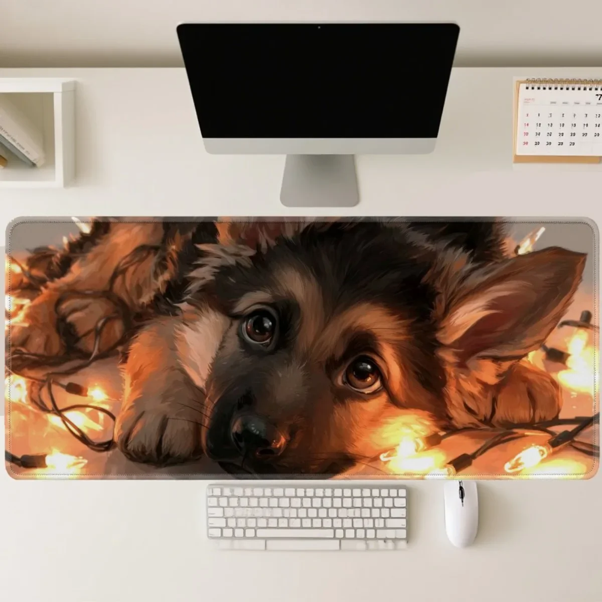 Gaming Mouse Pad Cute German Shepherd Puppy Rubber Base Non-Slip Black Brown Fairy Lights For Aesthetic Gaming PC Decor