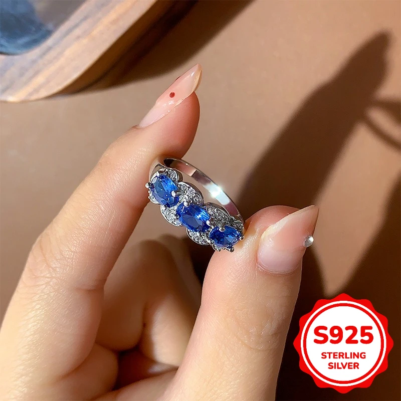 

Fashion S925 Sterling Silver Four-Claw Oval Sapphire Ring Women's Daily Commuter Gift Jewelry Wholesale