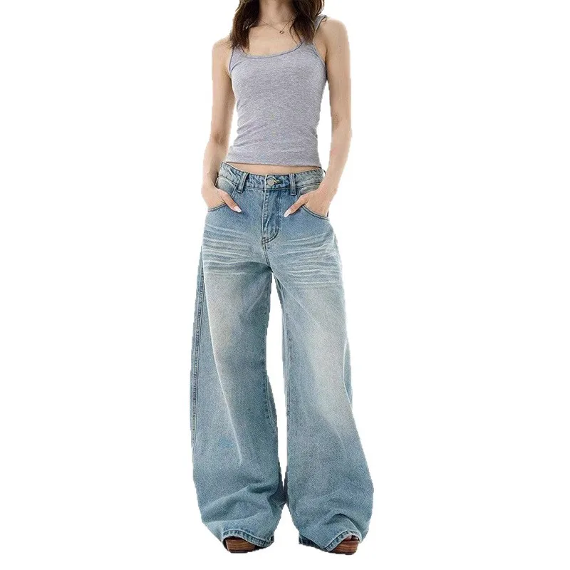 Women Y2K Light Wash Faded Balloon Jeans Back Embroidery Oversized Wide Leg Denim Trousers