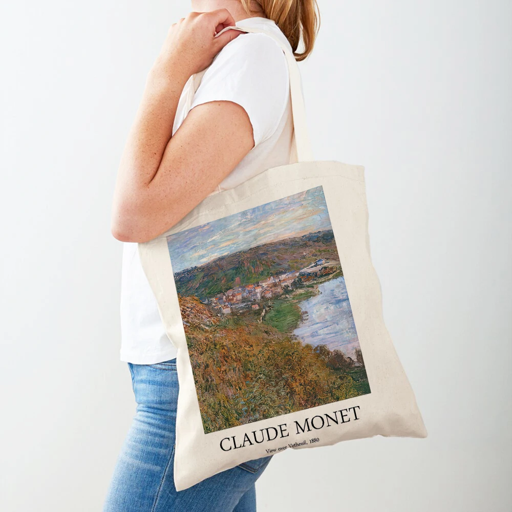 Claude Monet Garden Women Shopping Bags Casual Canvas Double Print Decor Vintage Art Girl Shopper Bag Lady Tote Handbags