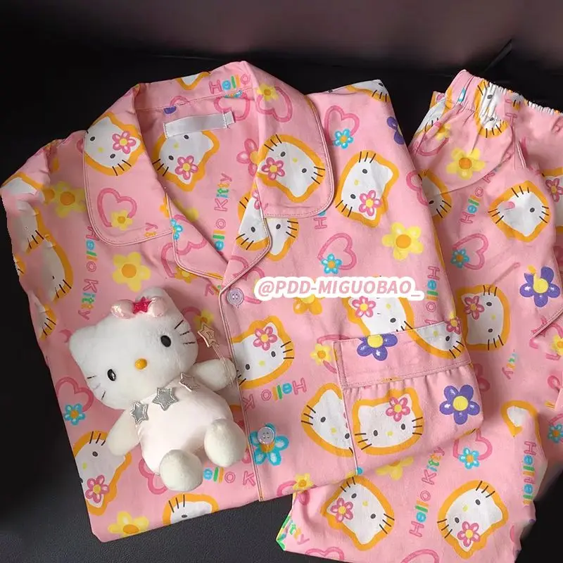 New Kawaii Hello Kittys Pajamas Female Spring Autumn Winter Sanrios Cartoon Cute Long-Sleeved Trousers Outerwear Home Clothes