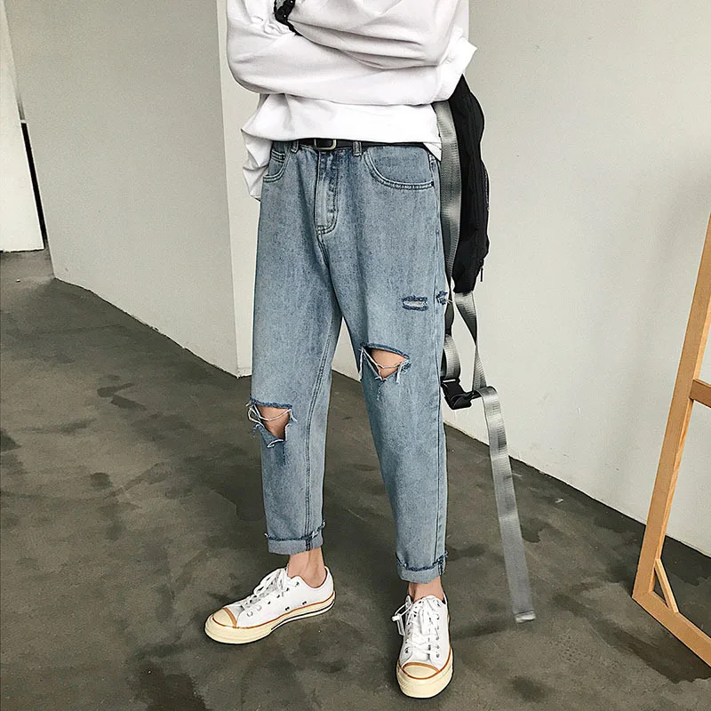 Summer Men's Loose Straight Cut Cropped Jeans Korean Fashion Hole Casual Ripped Denim Pants Y2k Clothes