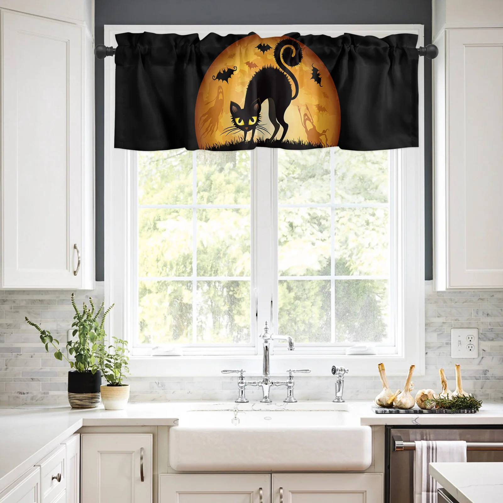 ZEDLIYU Valances for Windows Kitchen Living Room Small Window Valance Hallowen Bat Black Cat Hallowmas 1 Panel