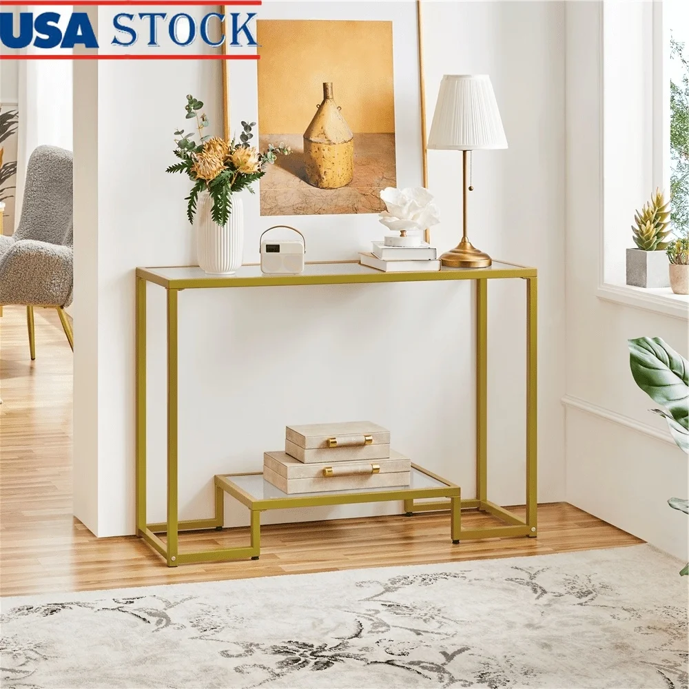 

2-Layer Tempered Glass Console Table with Metal Frame Hallway Living Room Indoor Use Elegant and Durable Design