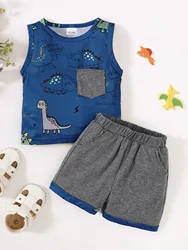 Baby Boys Vest Set Elastic Waist Gray Pocket Loose Pants Round Neck Sleeveless Cartoon Dinosaur Blue Jacket Casual Two-Piece Set