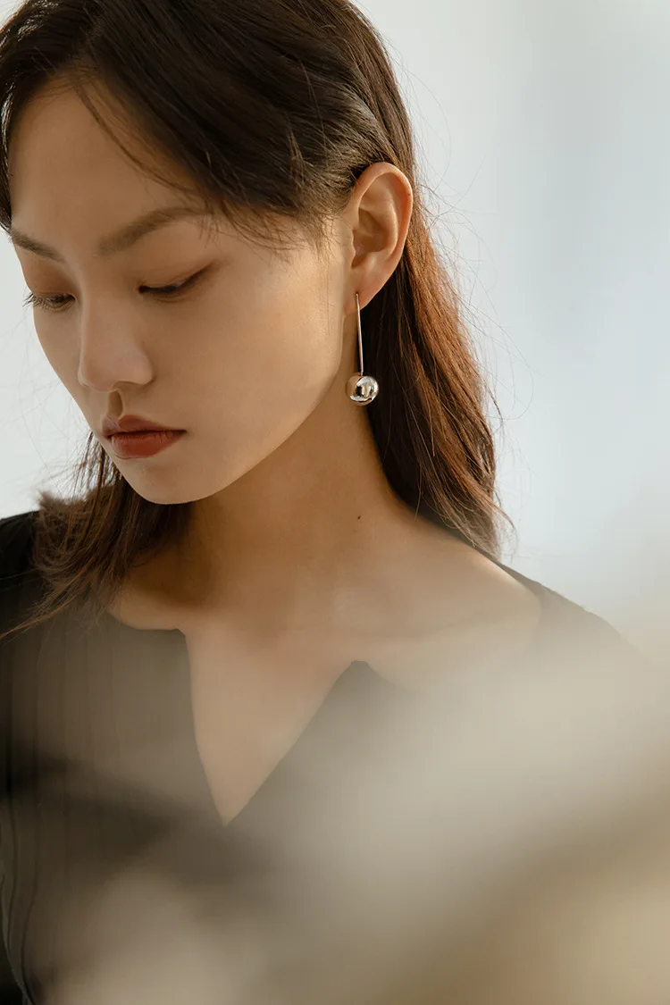 Brass With 18K Gold Long Ball Drop Earrings  Women  Jewelry Punk Party Gown  Runway Korean Japan INS Fashion