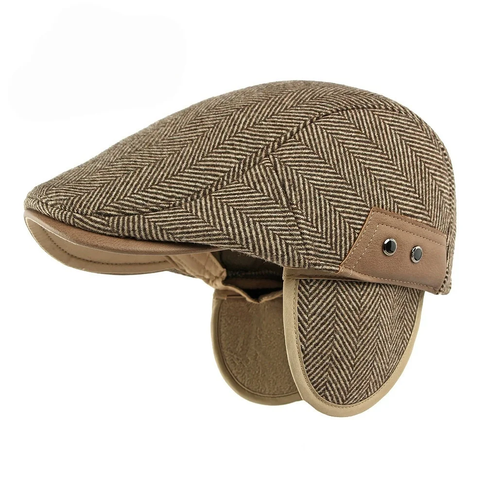 Men's and Women's Fashion Forward Cap for The Elderly Winter Wool Retro Beret Ear Protection Newsboy Cap Warm Cap