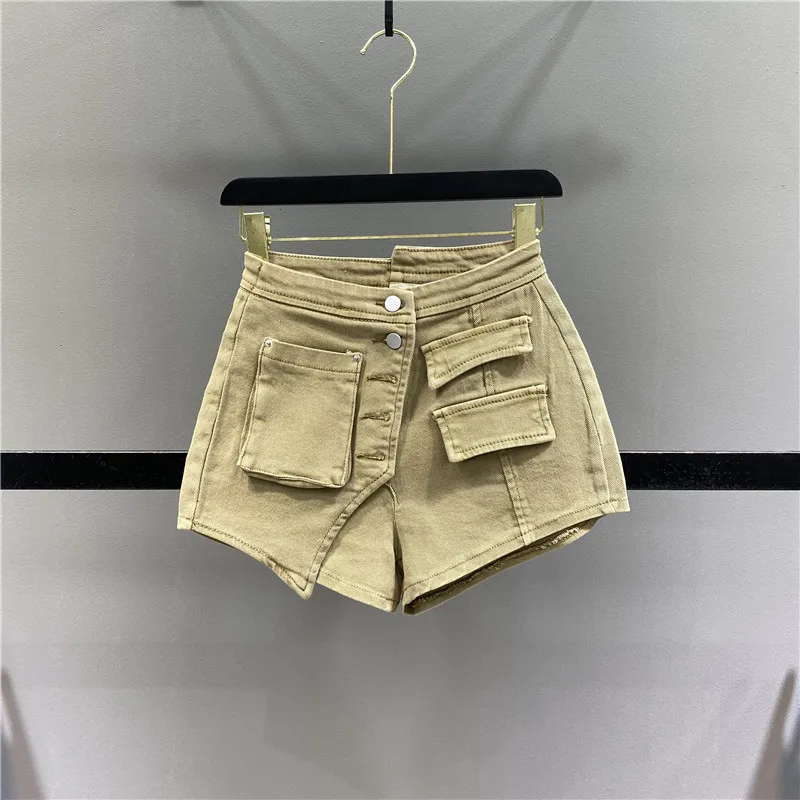 Summer 2023 Spring Single-Breasted Pocket Patchwork Stretch Slimming Denim Shorts Women's Solid Irregular Short Jeans Hot Pants