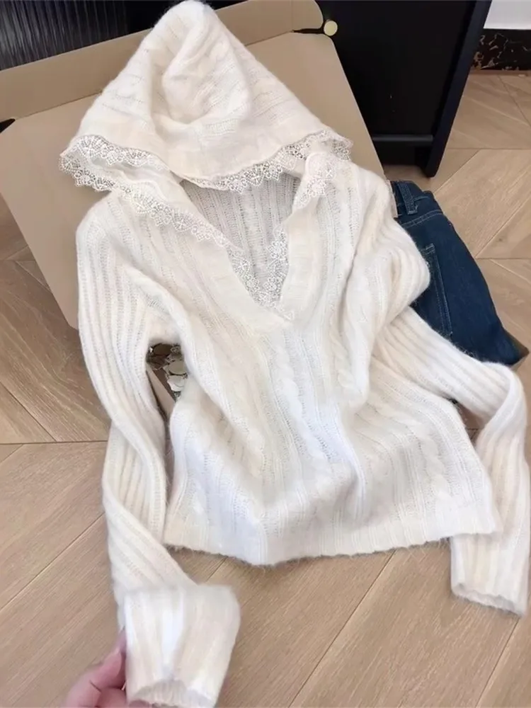 

Lace Splice Hoodie Knitted Top Women's Autumn New Lazy Sle Gentle Thin Sweater Loose Fit Long Sve Crew Ne Color