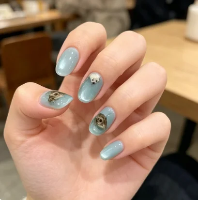 Light Blue Cat Eye Medium Oval Press On Nails Cute Mini Bear Animal Print Design Glossy Nude Fake Nails Sweet Daily Casual Manicure Decor