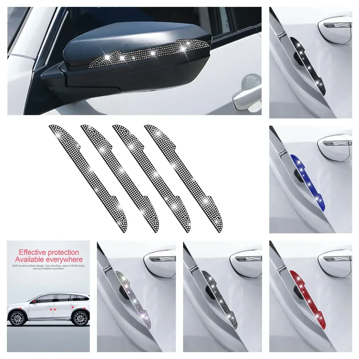 

2/4pcs Universal Handle Car Rearview Mirror Door Edge Protector Rhinestone Crystal Bling Decoration Sticker Decal