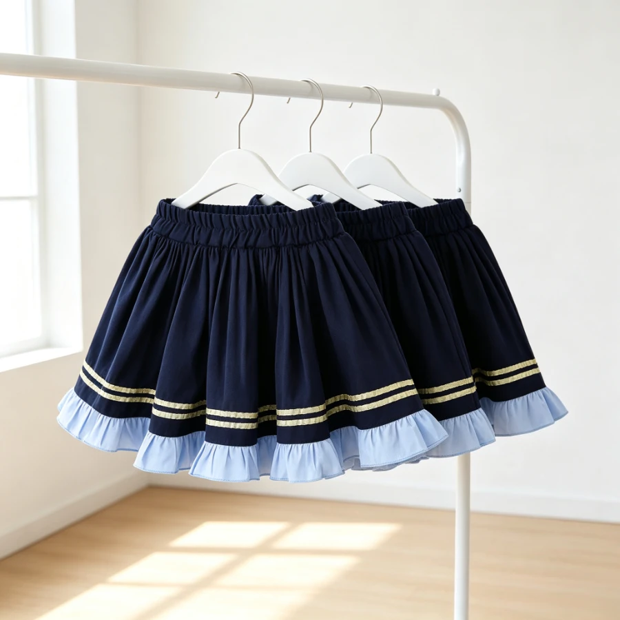 4-16 Years Girls Sailor Skirt Ruffle Hem Striped Trim Elastic Waist Pleated Skirt Navy Blue Casual Daily Wear School Bottoms New