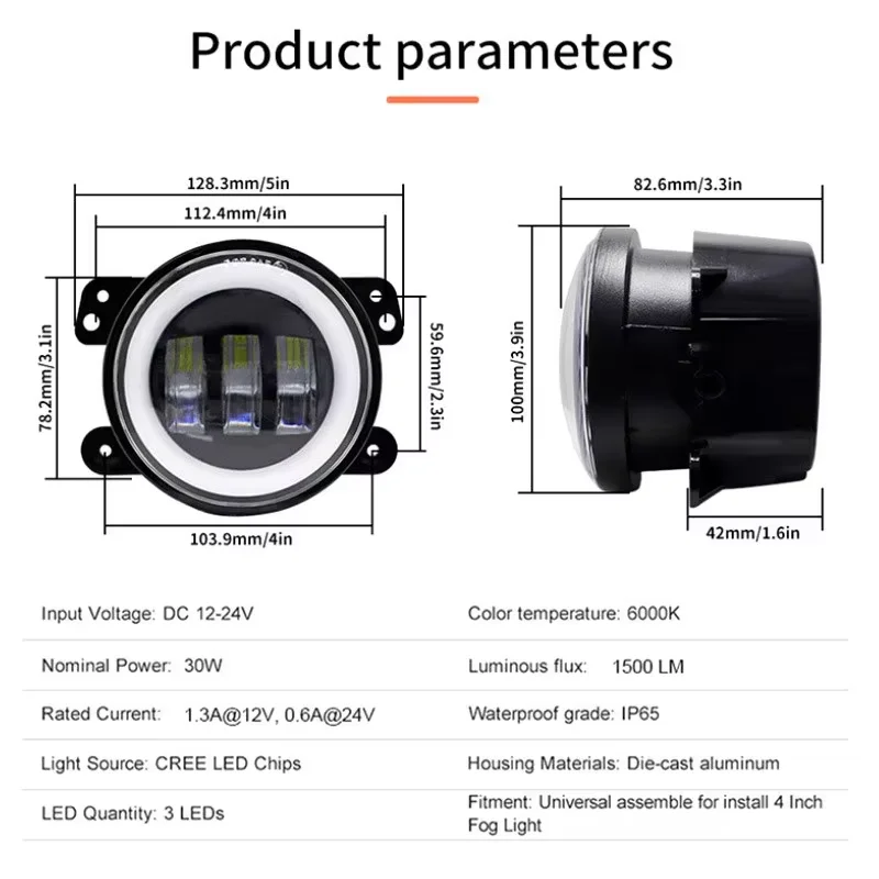 30W 4 Inch LED Headlight White Yellow Angel Eyes Halo DRL Fog Lamp 12V Offroad Light For Wrangler JK Dodge Truck