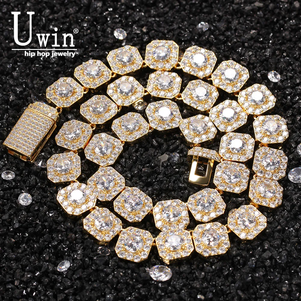 Uwin 12mm Cluster Tennis Chains Iced Out Squar Cubic Zirconia Luxury Bling Necklace Hiphop Jewelry 