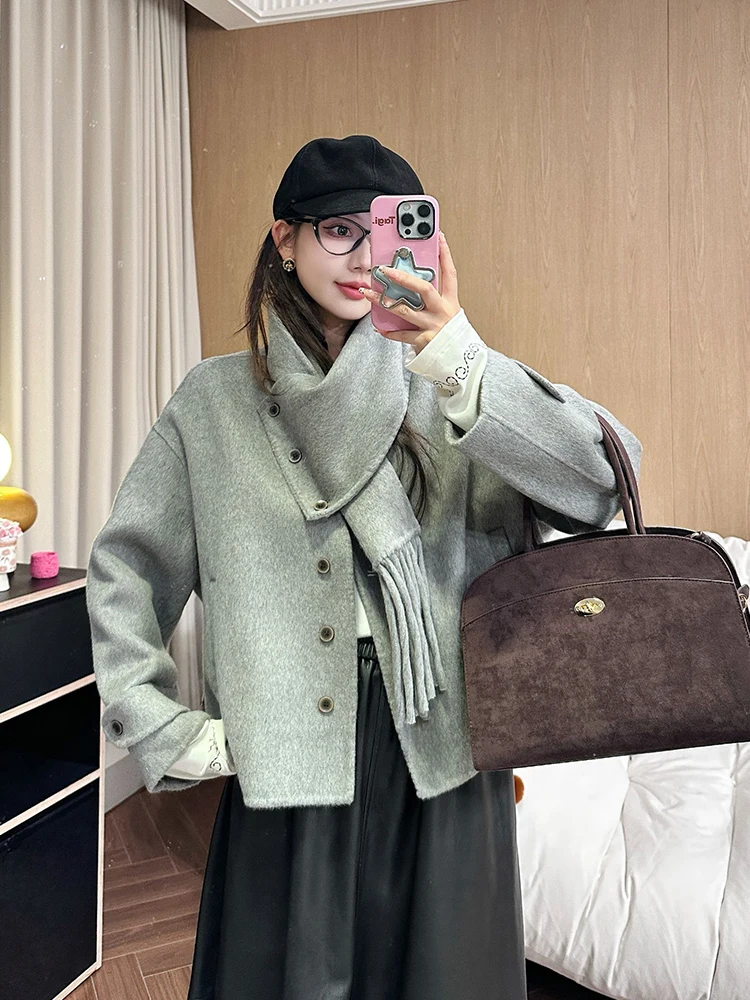 Handmade Double-Faced Wool Scarf Coat Autumn Winter Faion Ladies' Camere Outerwear Long Sve Regular Cuff No Brand