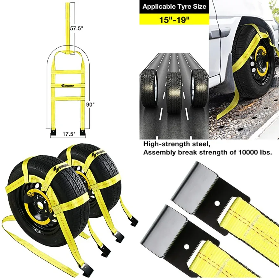 

Tow Dolly Basket Straps with Flat Hook-2 Pack,Car Wheel Strap Tire Bonnet Net Fits 14"-19" Tires Auto Universal Vehicle Car Dolly Ropes Accessories
