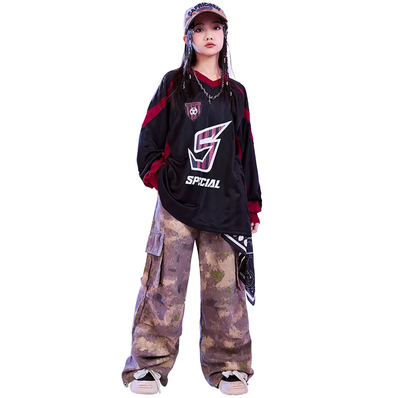 Kid Cool Hip Hop Clothing Black Red Sweatshirt Camouflage Casual Wide Cargo Pants for Girl Boy Jazz Dance Wear Costumes Clothes