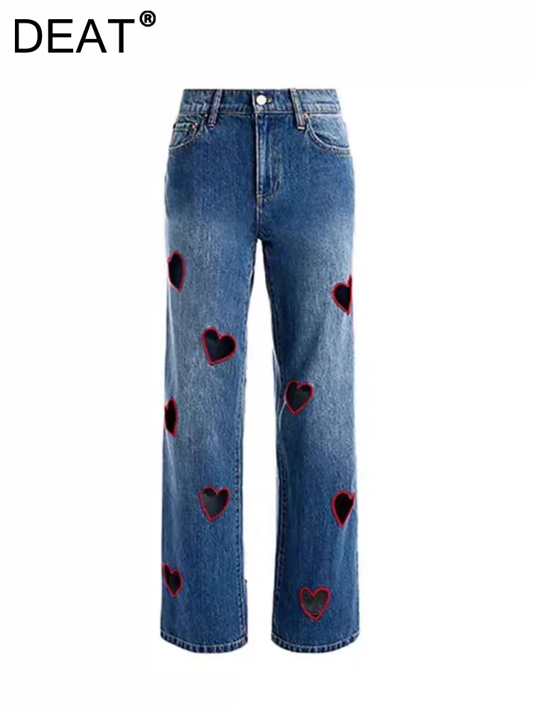 DEAT Women's Jeans High Waist Straight Wide Leg Embroidery Heart Hollow Out Female Denim Pants 2024 Autumn New Fashion 29L7458