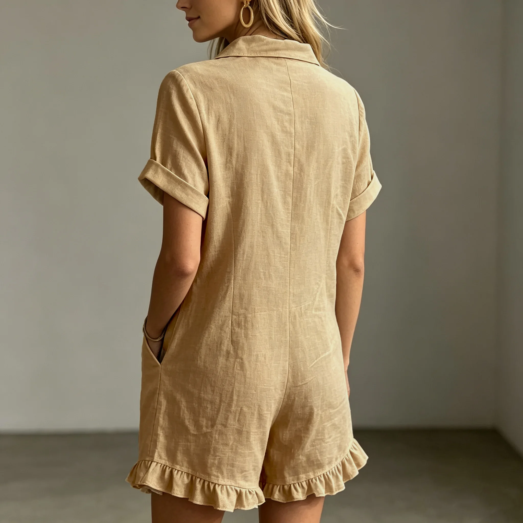 Women's New Style Lapel Jumpsuit with Half-Button Closure, Rolled Short Sleeves, Side Pockets, Ruffled Hem, Loose Casual Short Pants