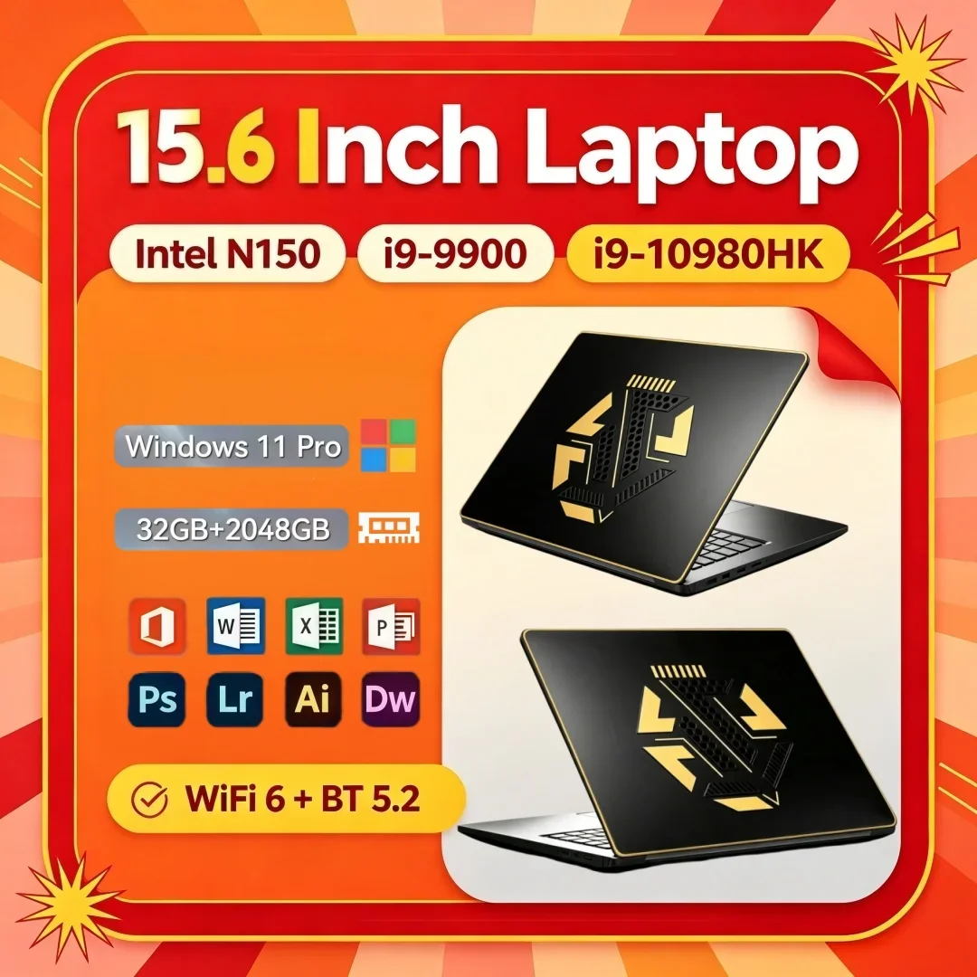 15.6 Inch Portable Slim Laptop Intel Core N150 I9‑9900 I9‑10980HK 16/32GB 2TB Windows11 Sleek Design Office
