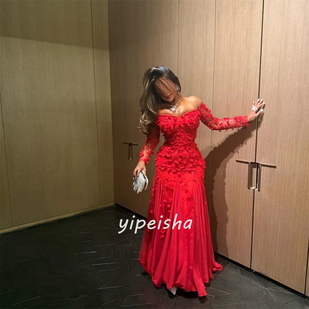 Customized Matching Intricate Chiffon Handmade Flower Rhinestone Mermaid Off-the-shoulder Long Dresses Bespoke Occasion Dresses