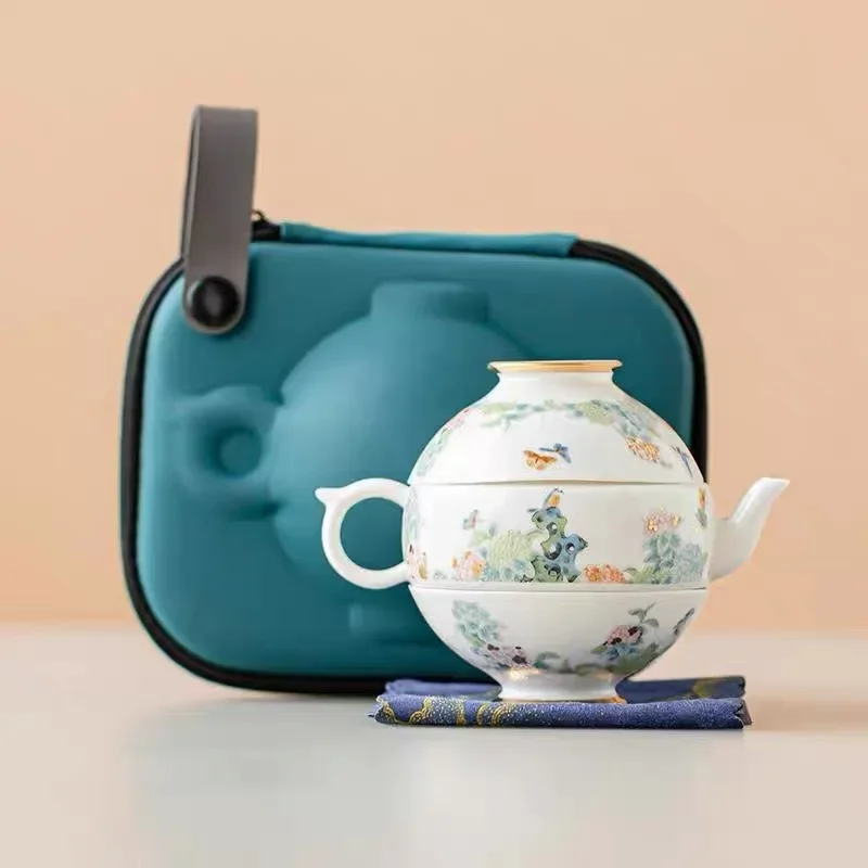 

One Pot Two Cups Kung Fu Tea Set Portable Camping Travelling Tea Set Outdoor Ceramic Tea Cup Set White Porcelain Snap Cups