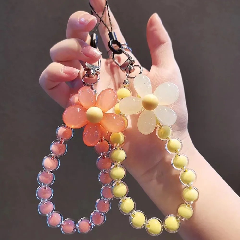 Handmade Flower Beaded Bag Charm for Girls Bracelet Colored Wrist Strap Candy Color Anti Loss Mobile Phone Strap Bag Pendant