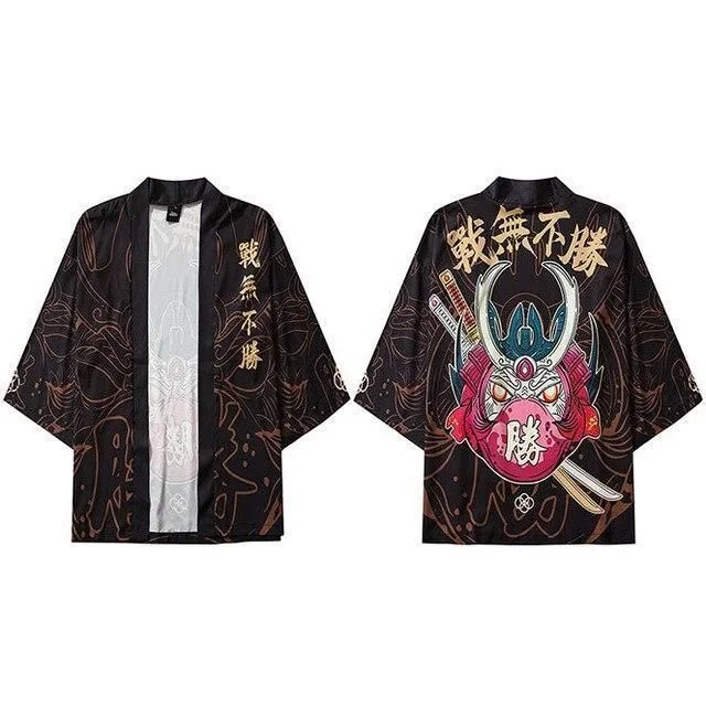 Men's Japanese‑Style Haori Kimono Open‑Front Cardigan, Skull Snake & Oni Mask Print Casual Outerwear