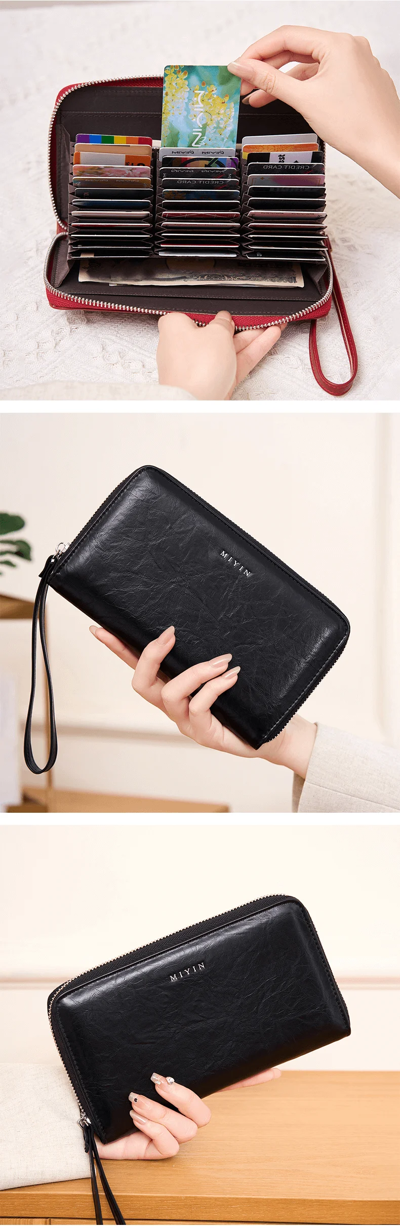 RFID-Diebstahlschutz Damen-Clutch-Tasche Retro Multi-Kartenfach Akkordeon-Geldbörse Einfarbig Große Kapazität Reißverschluss-Kartenhalter – Detail 6