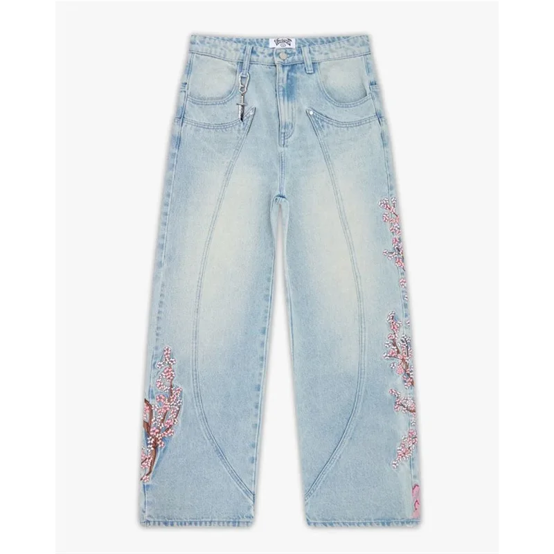 Vescartes زهر البرقوق المطرزة 2026 مستقيم الساق الجينز فضفاضة تناسب للجنسين متسابق السراويل المطرزة