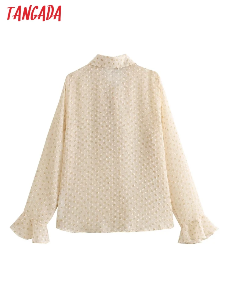 Tangada 2024 New Vintage Women Ruffles Dots Mesh Shirt Female Blouse Tops 10H44