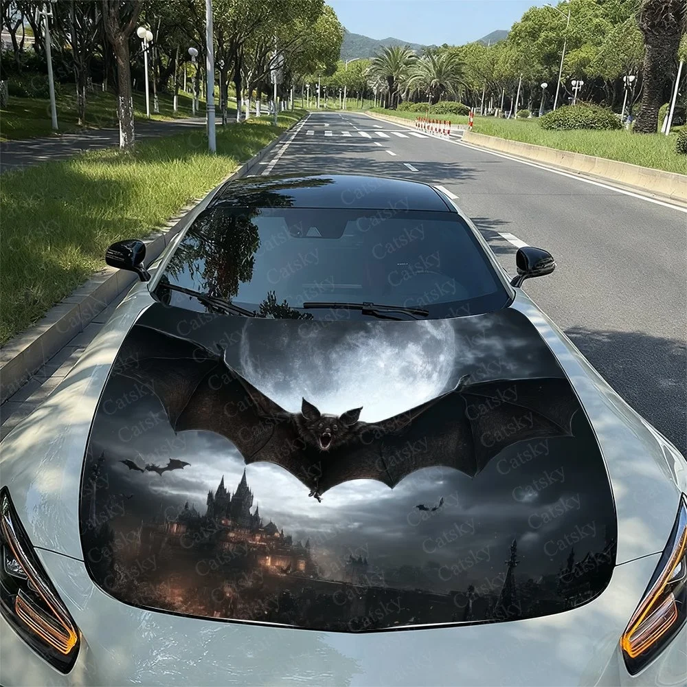 Bat Moon Castle Car Hood Sticker PVC Self Waterproof Stick, Striking Auto Exterior Accessories Decor Protect Gift for Car Lover