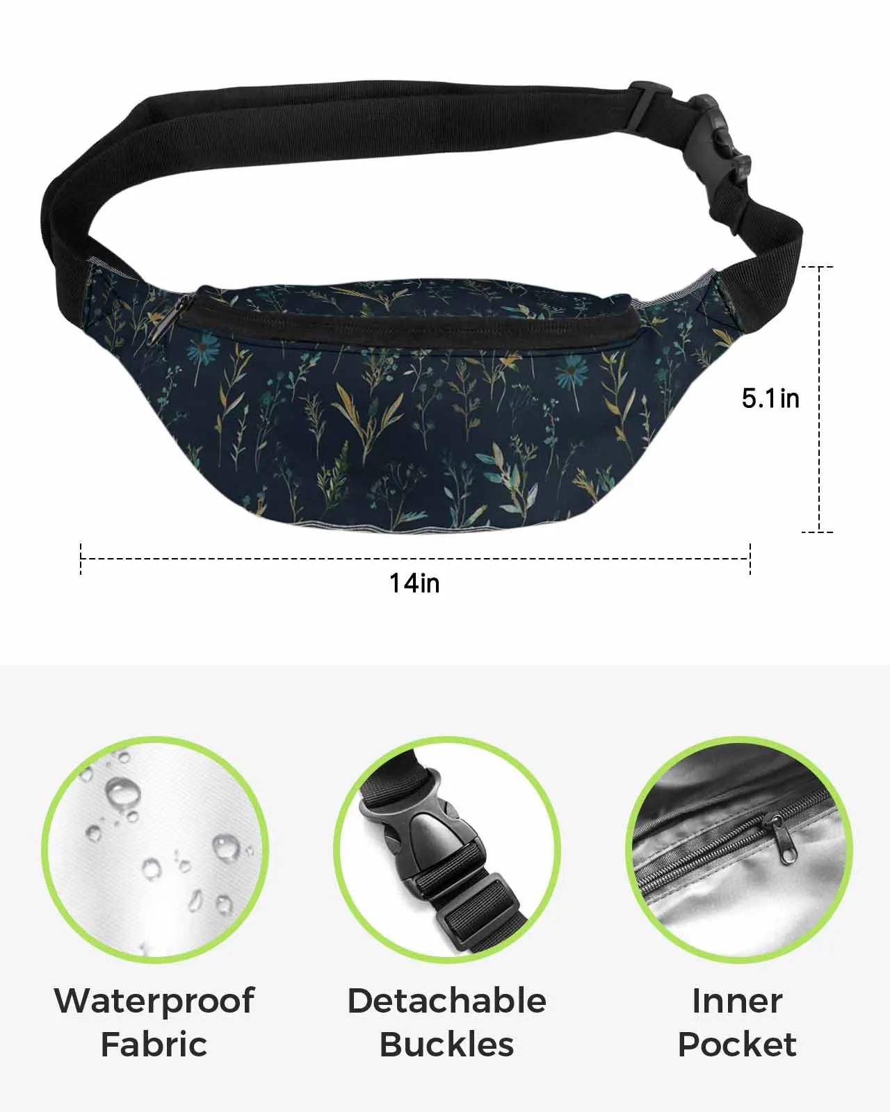 Flowers Leaves Watercolor  Men Women Waist Bag Fanny Pack Phone Belt Bag Wallet Pouch Waterproof Banana Hip Bags