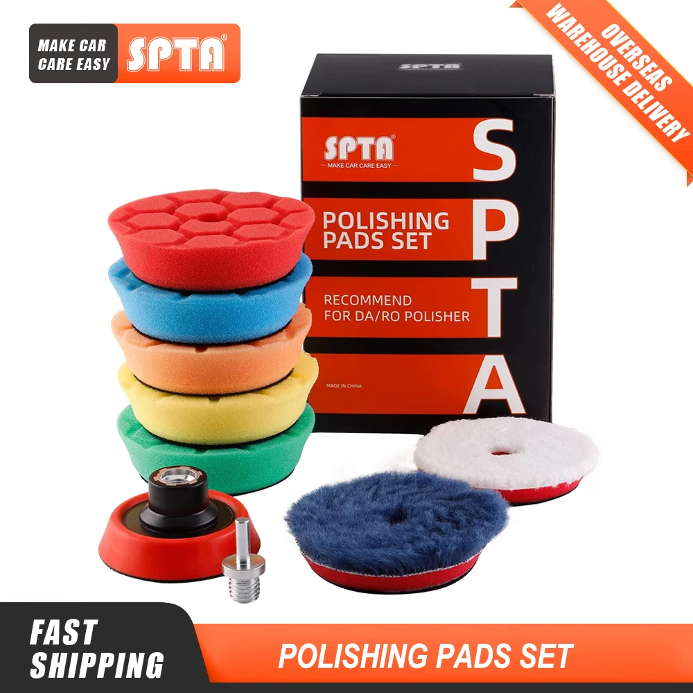 SPTA 9Pcs 80mm Hex Logic Polishing Sponge Lambs Wool Pads M14 Plate Kit for 3 Inch Electric Drill Polisher Buffing Machine