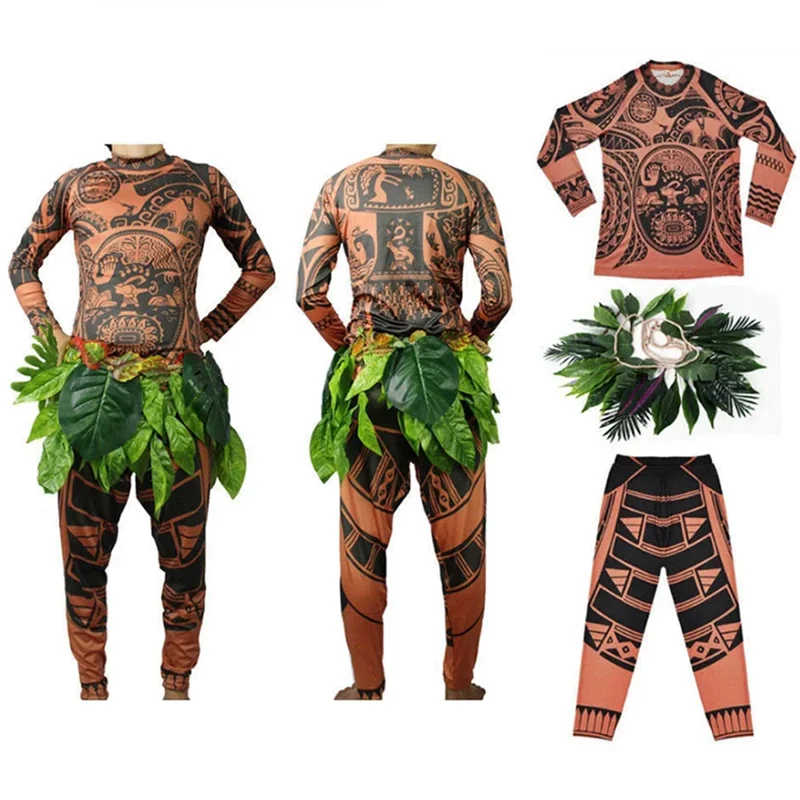 3PCS Moana Maui Tattoo Cosplay Costume Adult Child Halloween Anime Moana Girls Boys Party Carnival Cosplayer Clothing Suit