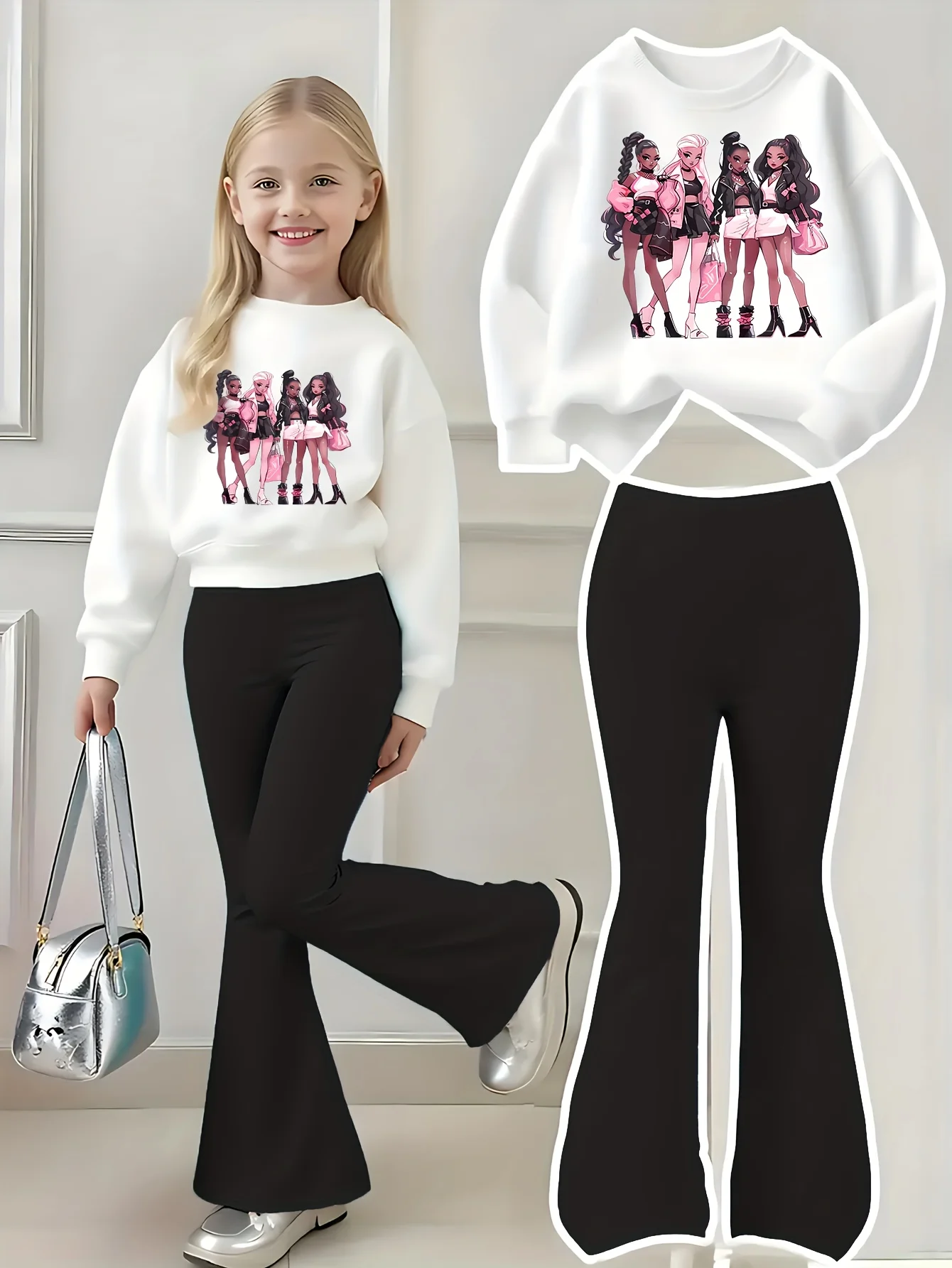 Zestaw dla dziewczyn: bluza i spodnie dzwony z nadrukami z grup dziewczęcych, modny styl Y2K, fajna bluza z okrągłym dekoltem i czarne spodnie dzwony, odpowiedni dla dziewcząt na każdą porę roku, do noszenia w domu, na czas wolny i na wyjścia, uniwersalna odzież.