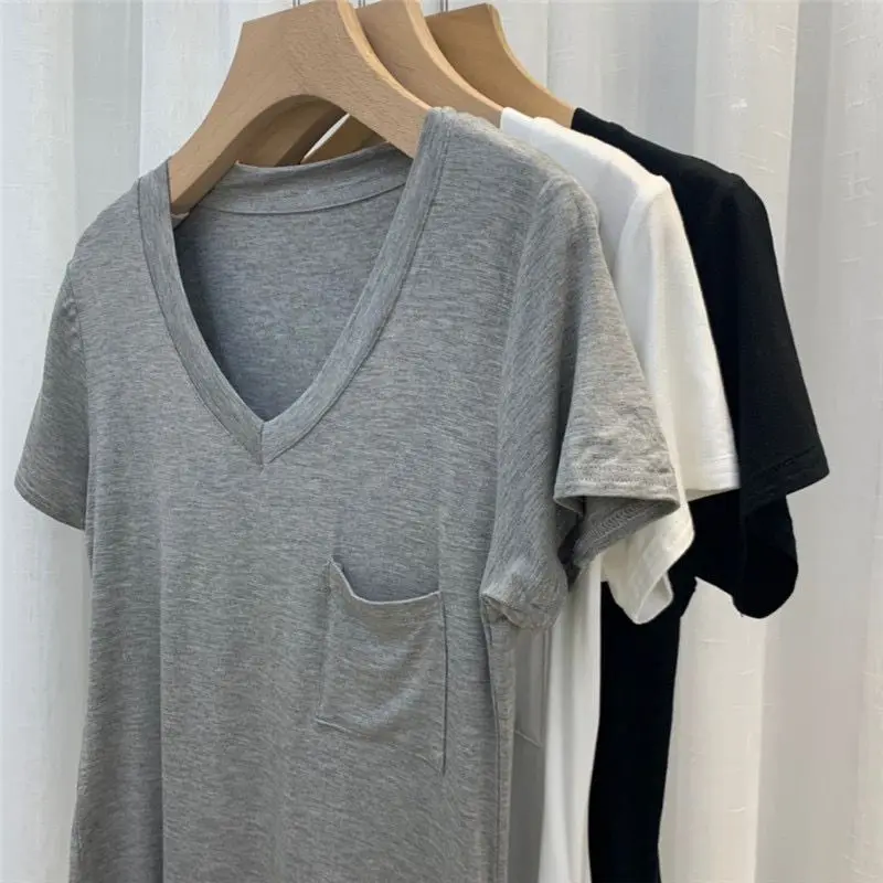 SYsYouthfully Modal Cotton V Neck T Shirts Women Top Summer Tshirts Drape Style Basic Solid Basic Half Sleeve Thin Tee Shirt
