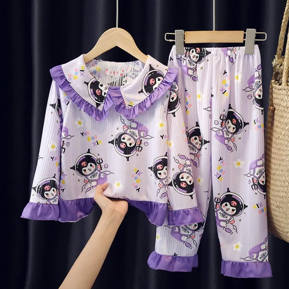 Anime Kuromi Children's Pajamas Doll Collar Sanrios Thin Style Cinnamoroll Melody Long Sleeve Pants Cartoon Boy Girls Homewear