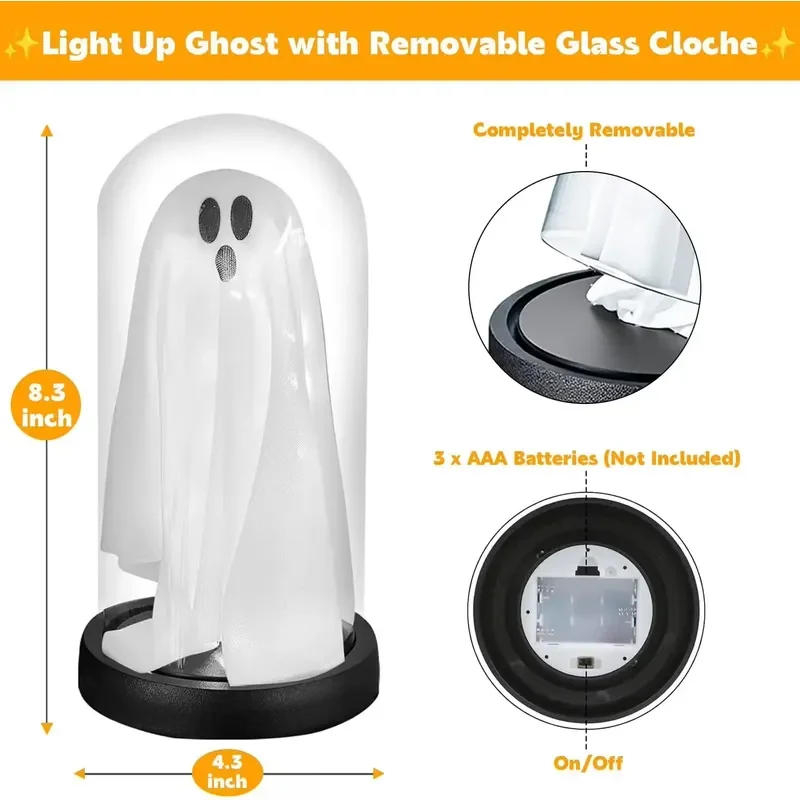 2026 Latest Light Up Ghost Decor in Removable Glass Cloche Halloween Home Kitchen Mantel Tabletop Party Decoration Indoor