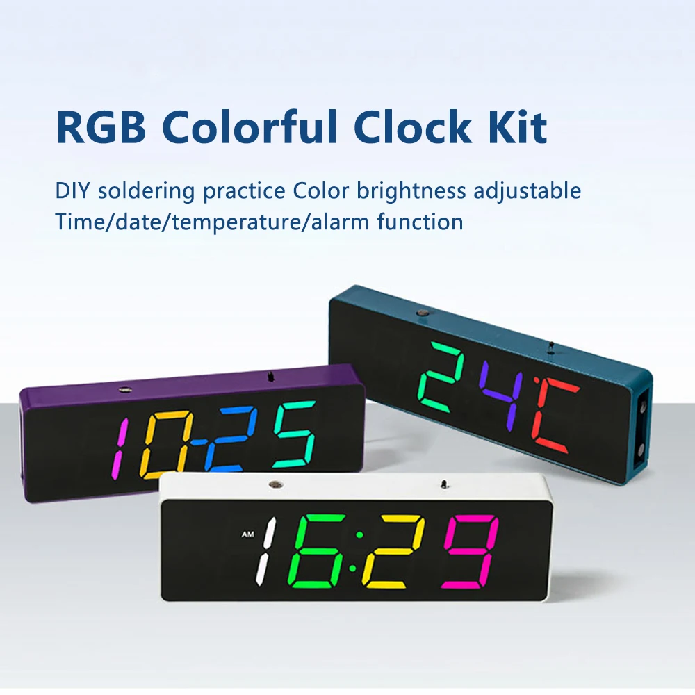 Color RGB Clock DIY Kit LED Digital Electronic Alarm Clock Temperature, Date, Week Display with Snooze Function Desk Clock