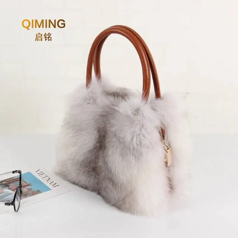 Women Real Fox Fur Handbag Winter Fashion Top-Handle Shoulder Bag Luxury Leather Tote Fluffy Pelt Banquet Ladies Bag