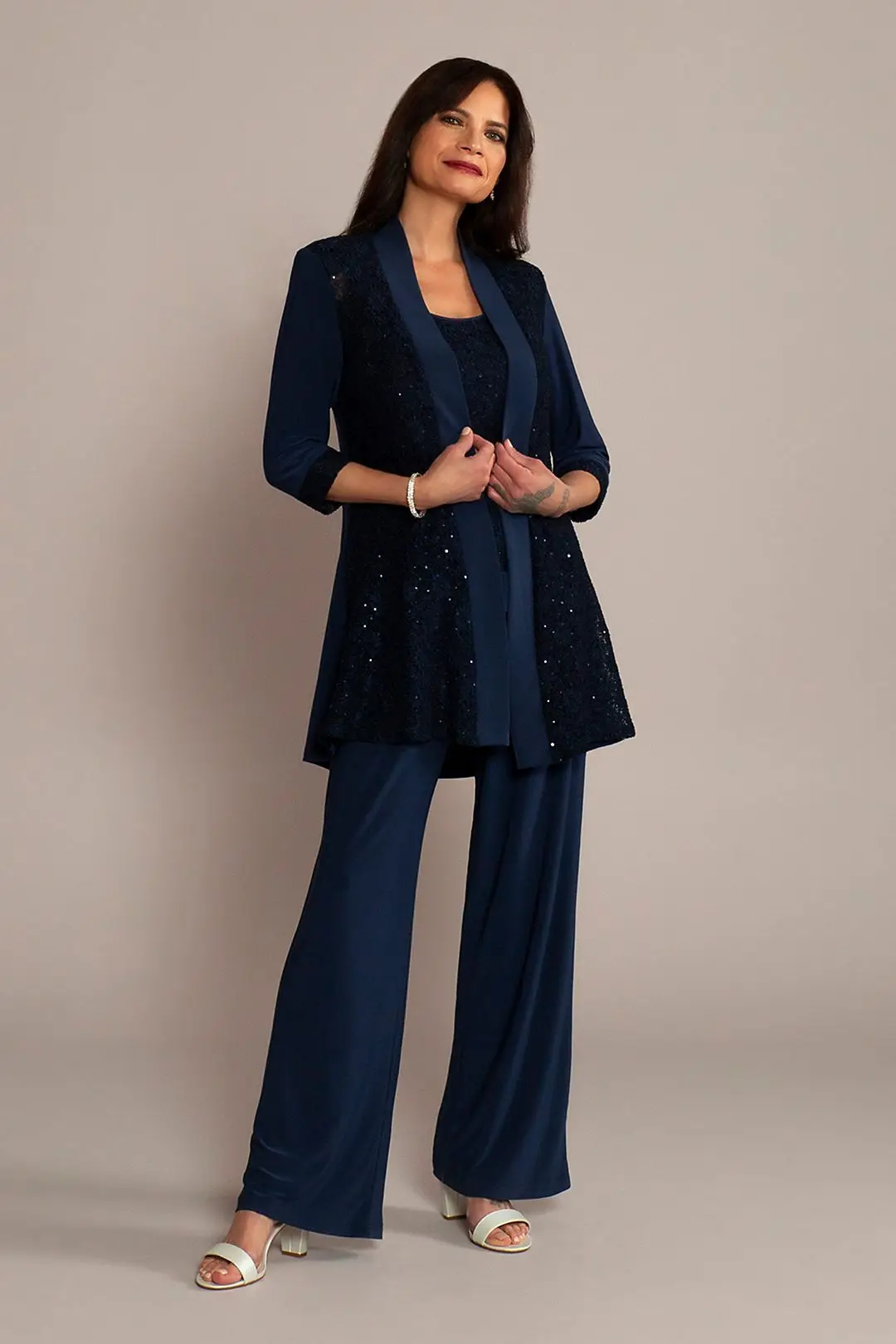 

custom made navy blue sequin lace and jersey three-piece plus-size pantsuit mother of the bride dresses with open-front jacket