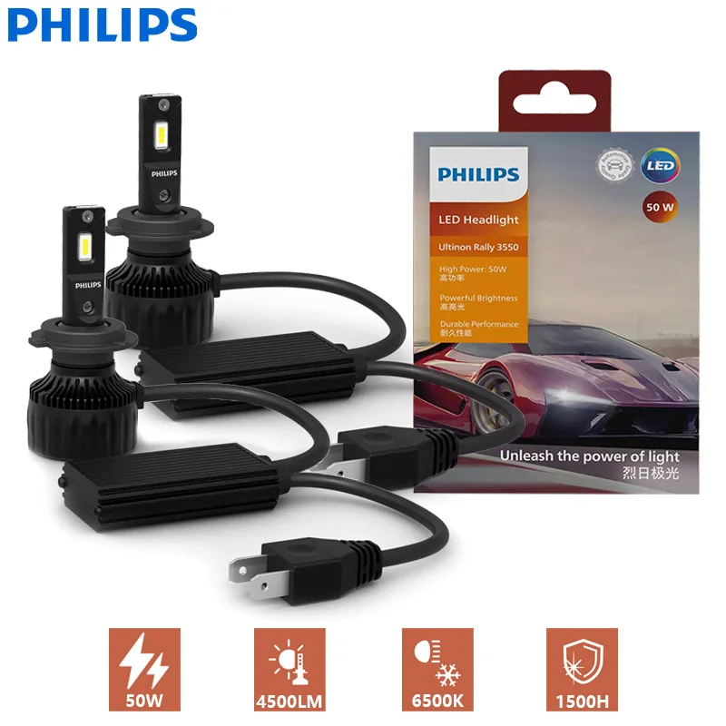 Philips Ultinon Rally 3550 LED H4 H7 H11 100W 9000LM HB3 HB4 HIR2 High Power Lumen Watt Reflektor samochodowy 6500K Białe lampy LED 2X