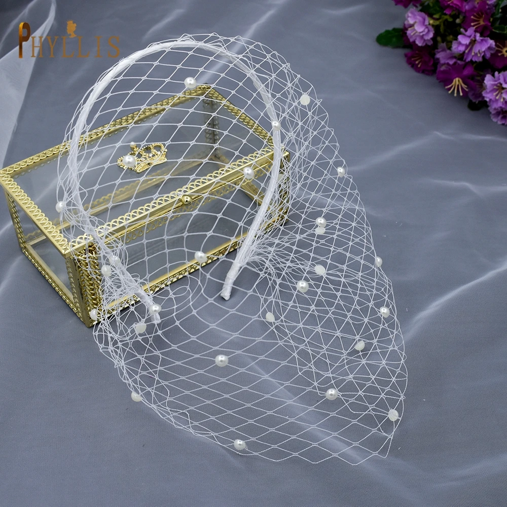 JM20 Perle Schleier für Gesicht Hochzeit Hüte Schleier mit Headhoop Frauen Birdcage Veil Cocktail Hut Braut Facinator Hut Braut Schleier