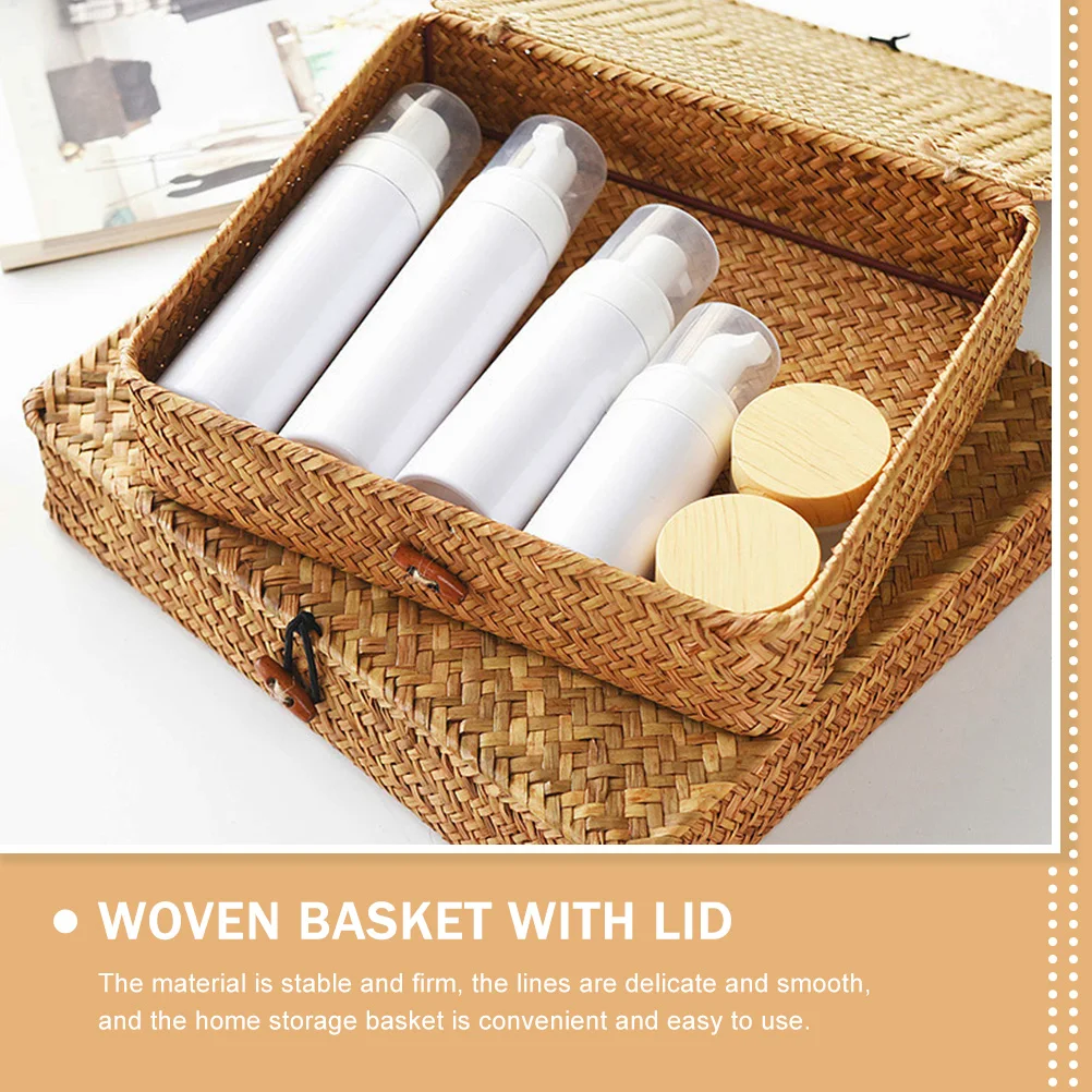 

2Pcs Woven Storage Baskets Seagrass Basket with Lid for Snack Fruit Organizer Home Decorative Basket Sturdy Iron Frame Stackable