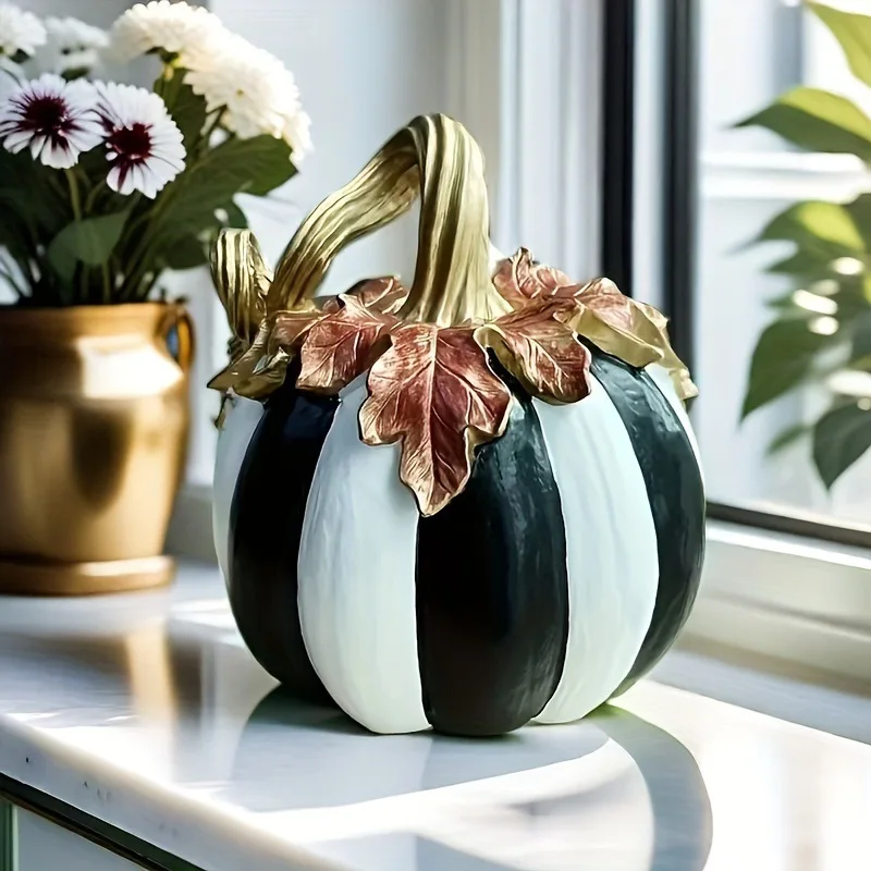 Halloween Pumpkin Decoration Black and White Resin Pumpkin Fake Vegetable Home Decoration, Family Vacation Party Sculpture