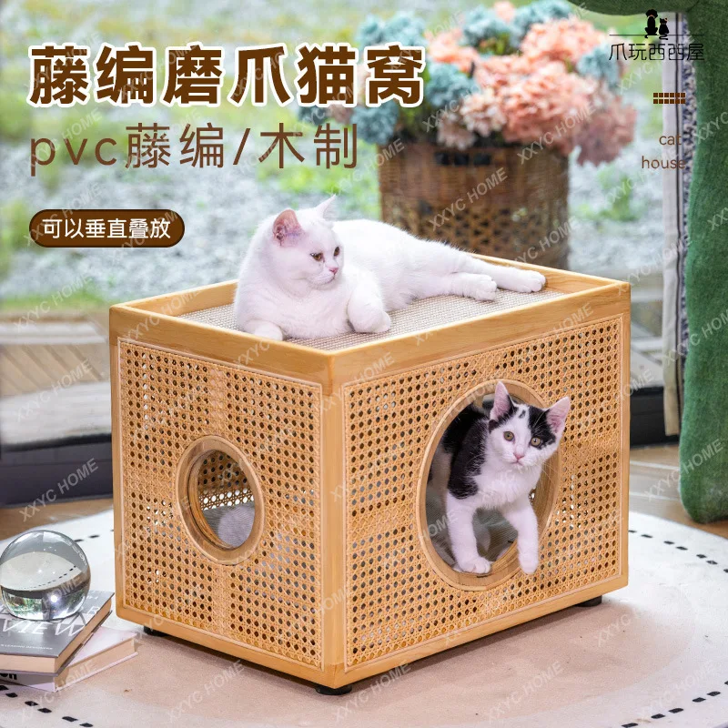TTOriginal design Solid wood semi-enclosed cat nest Multiple stacks PVC rattan craft cat house with grinding claw function