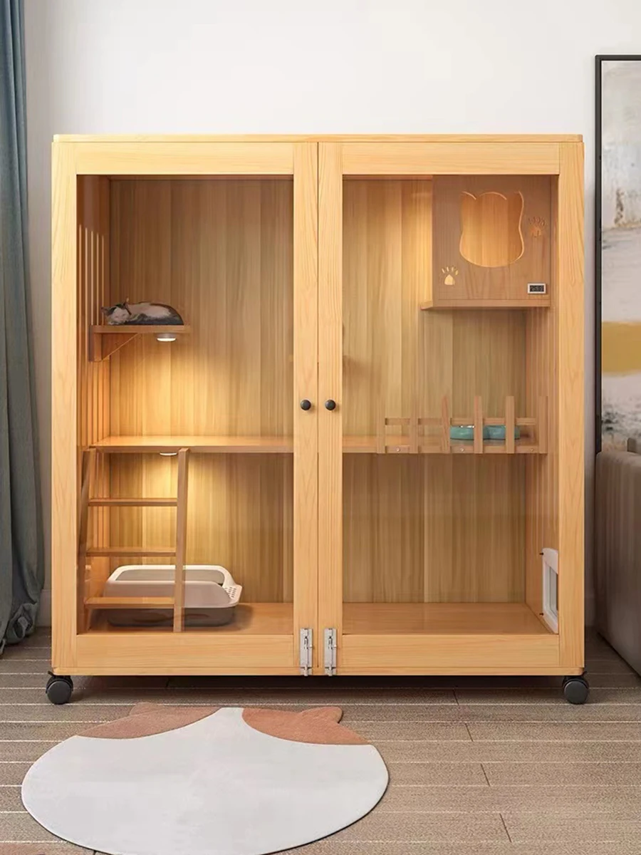 Villa para gatos de madera maciza, casa para gatos interior, cistería de lujo de dos pisos
